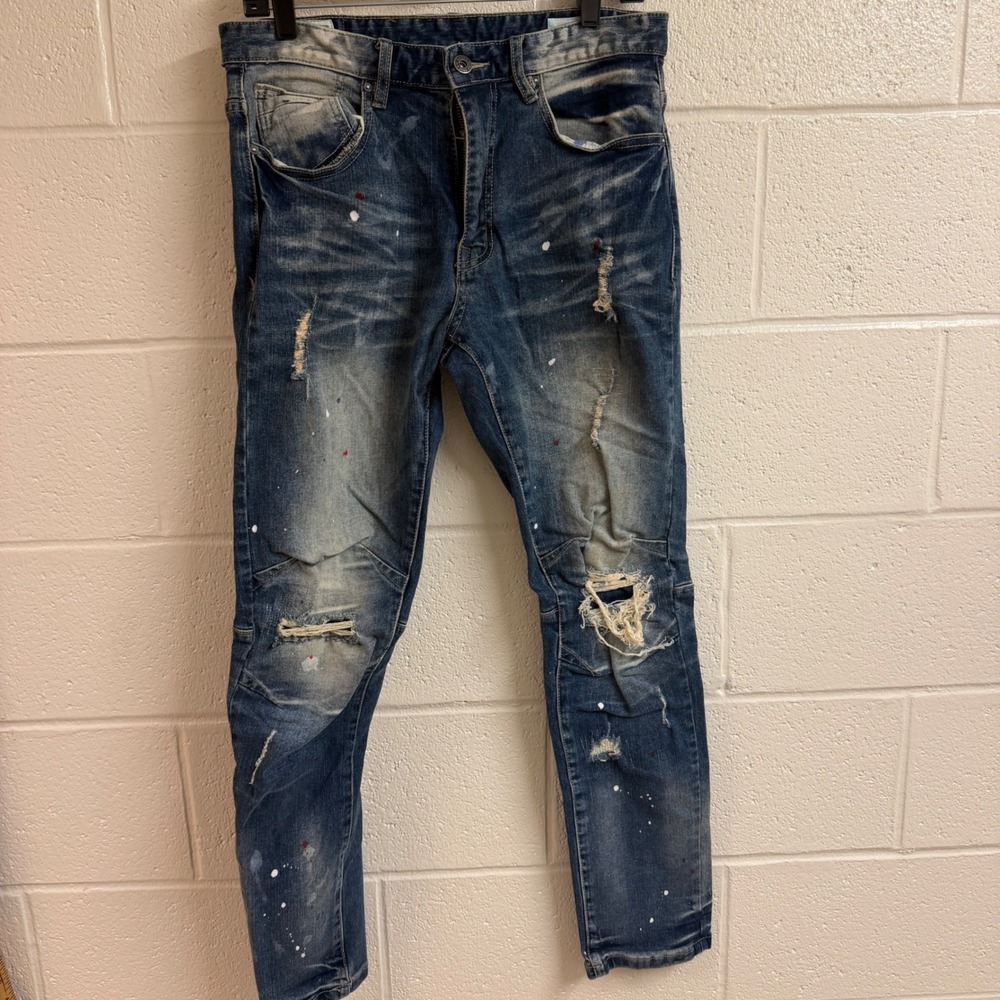 Smoke Rise Mens Distressed Paint Splatter Slim Moto Jeans 32 Blue Denim Street